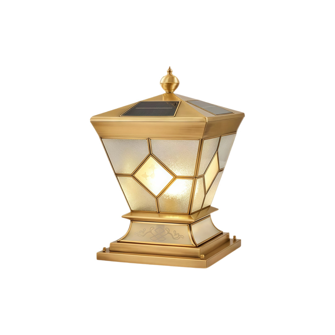Solar lights outdoor gate pillar elegant outdoor lantern with glowing glass panels and solar top.