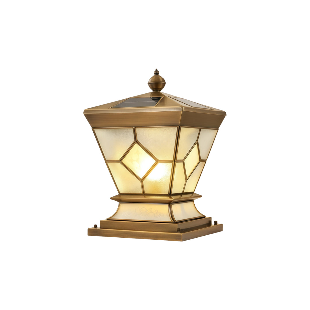 Solar lights outdoor gate pillar decorative lantern with illuminated frosted glass and metallic top.