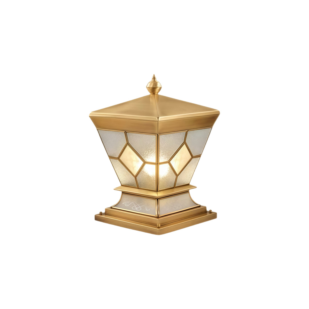 Solar lights outdoor gate pillar decorative lantern with geometric glass design and metallic housing.