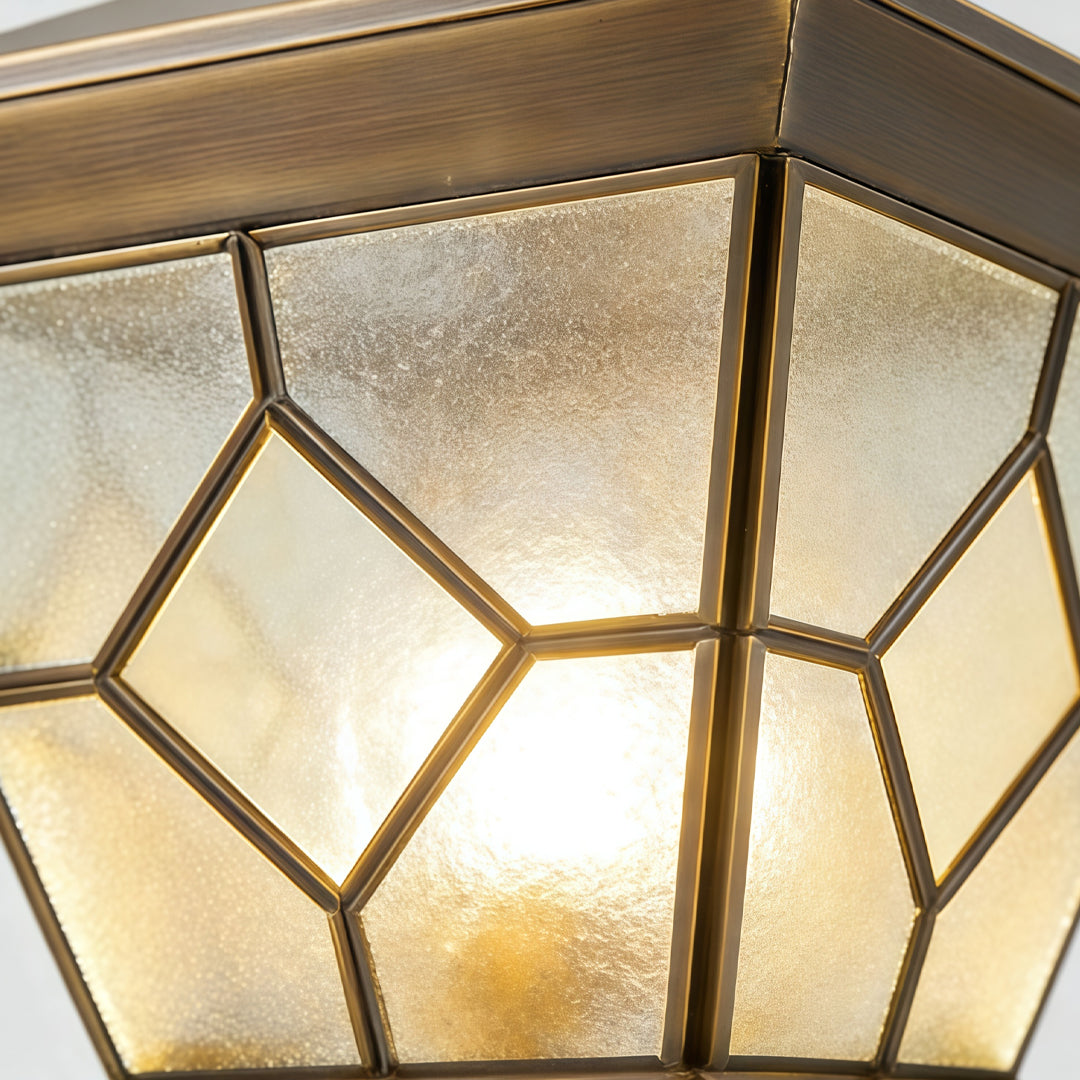 Solar lights outdoor gate pillar close-up featuring geometric frosted glass panels and gold frame.