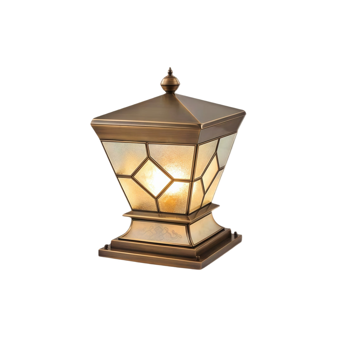 Solar lights outdoor gate pillar warm glowing outdoor lantern with classic geometric metal framework.
