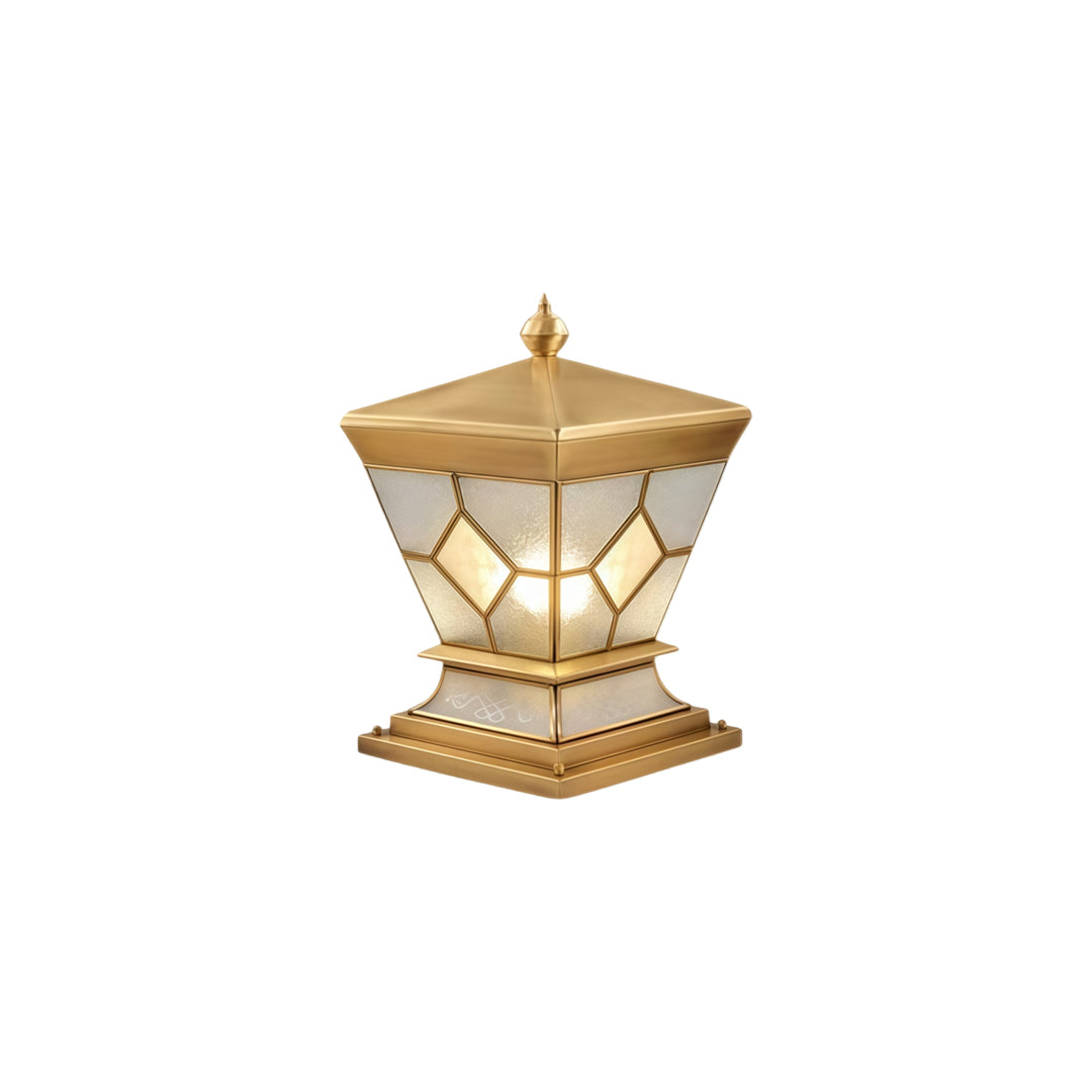 Solar lights outdoor gate pillar fixture isolated on white background with elegant gold finish.