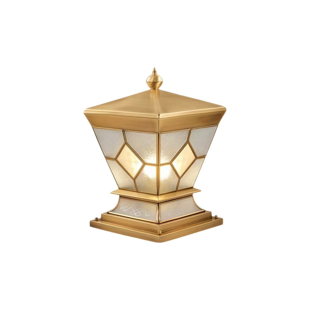 Solar lights outdoor gate pillar luxury outdoor lantern with warm LED glow and gold detailing.