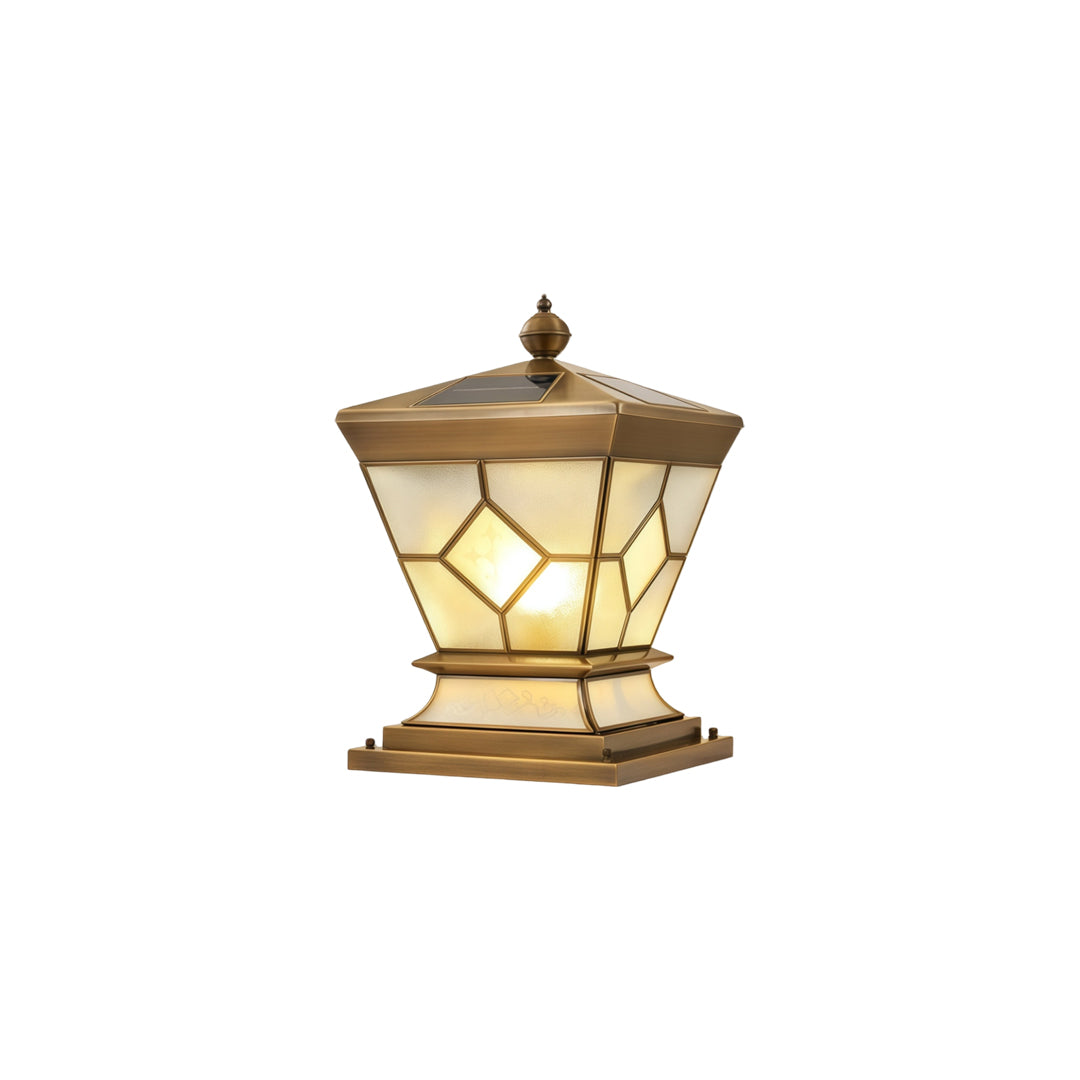 Solar lights outdoor gate pillar modern bronze lantern with soft warm illumination and textured glass.
