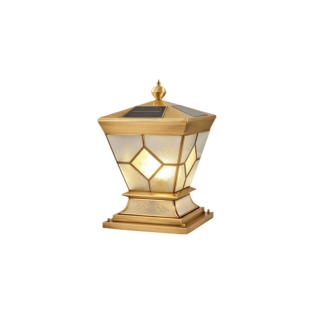Solar lights outdoor gate pillar modern solar lantern with illuminated geometric glass side panels.