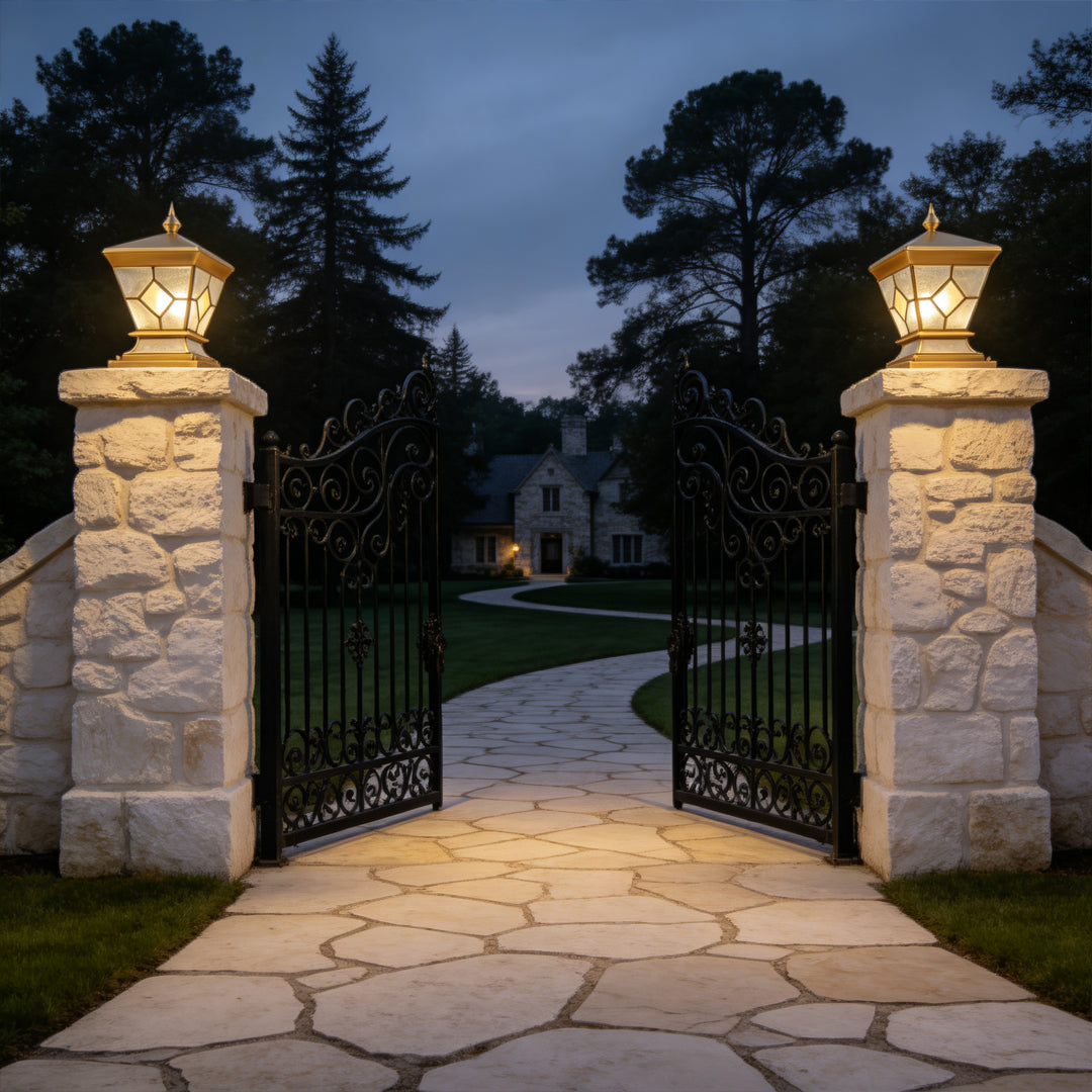 Solar lights outdoor gate pillar illuminating a luxury stone entrance with warm lantern glow at dusk.