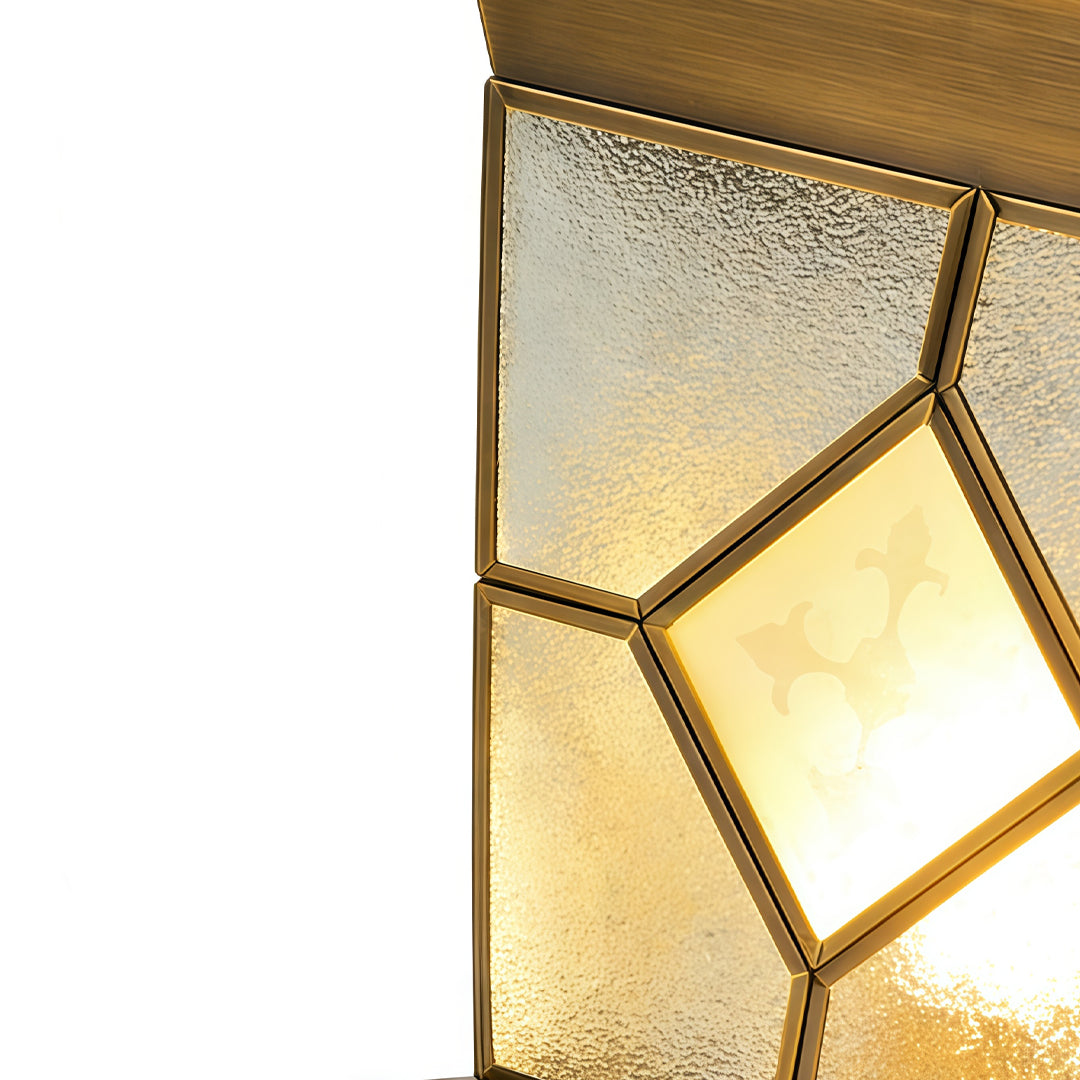 Solar lights outdoor gate pillar detail showing textured frosted glass with geometric metal accents.