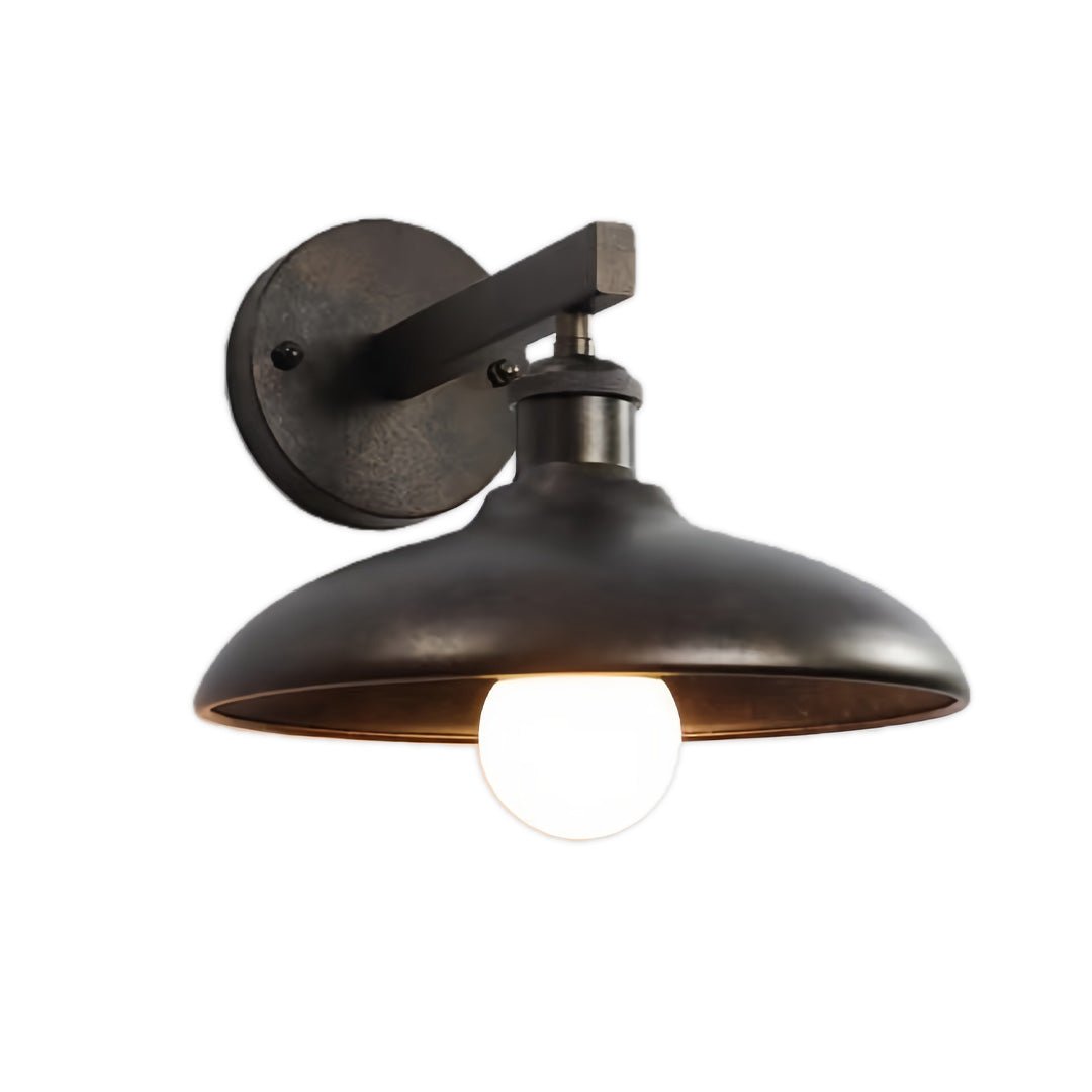 Industrial-style solar lights outdoor wall lamp with wide shade and clean black finish.