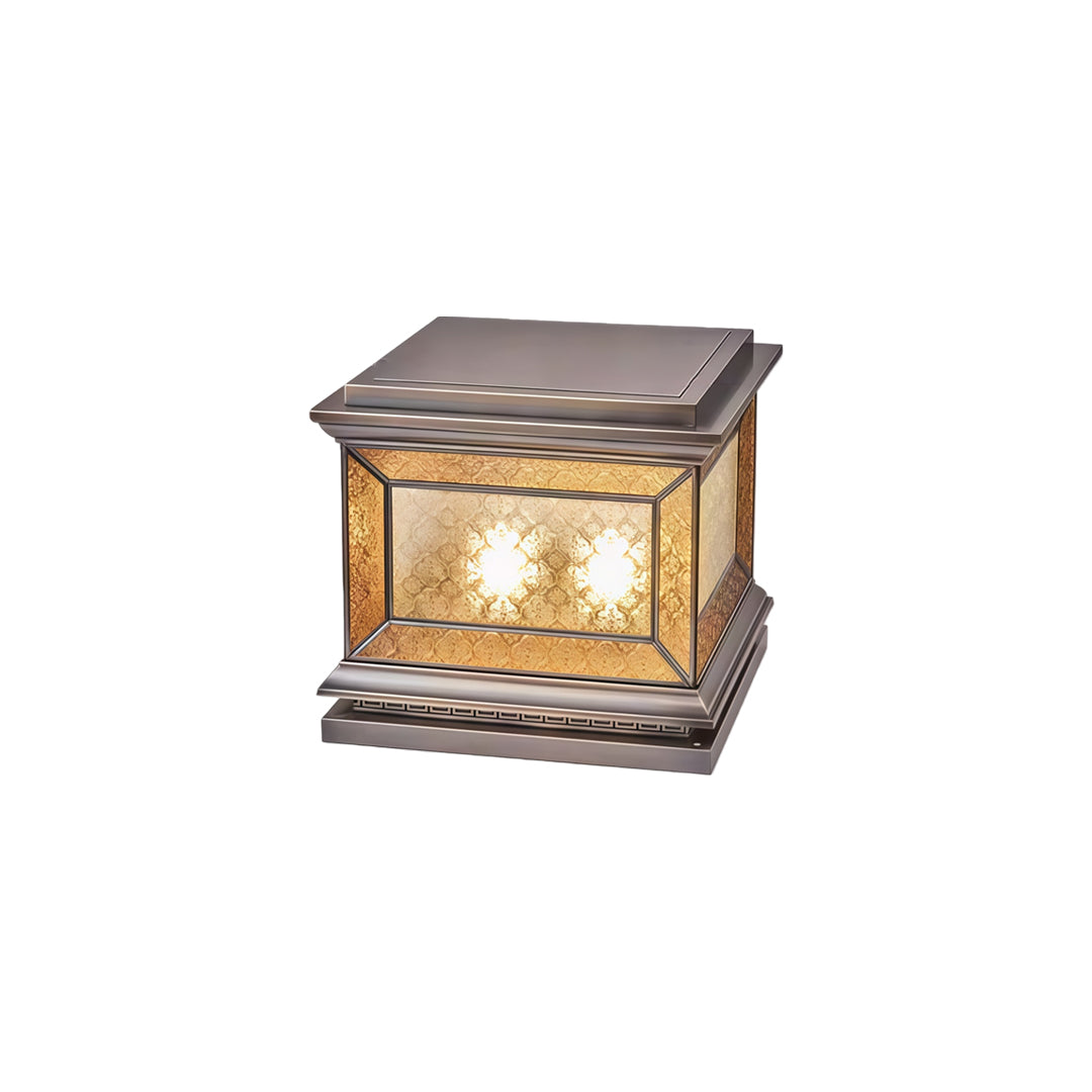 Modern solar lights pillar in bronze finish isolated on white background with warm LED lighting.