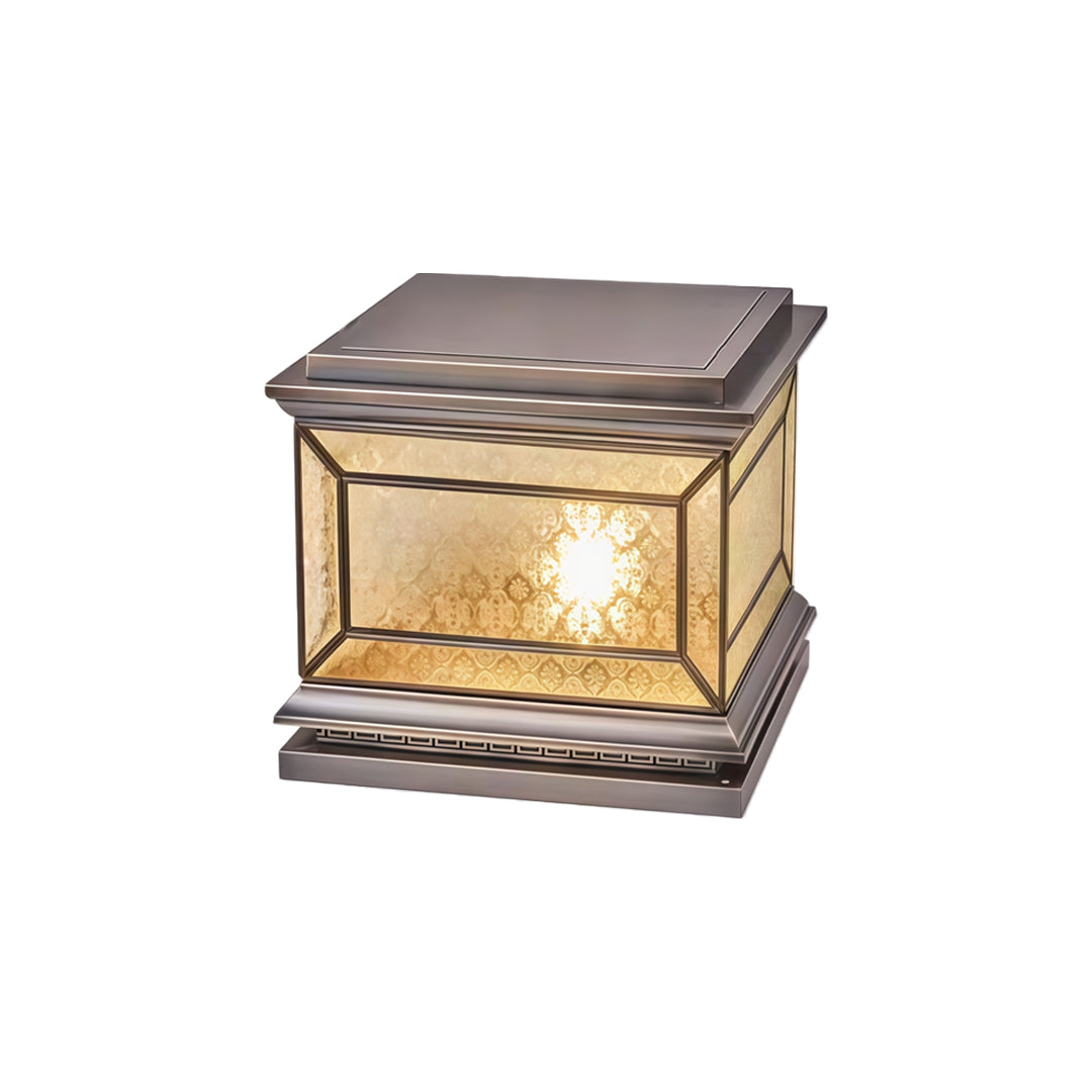 Stylish solar lights pillar with illuminated textured glass and decorative metallic trim details.