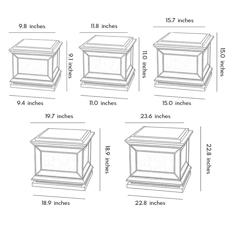 Dimension chart for solar lights pillar showing multiple size options and product measurements.
