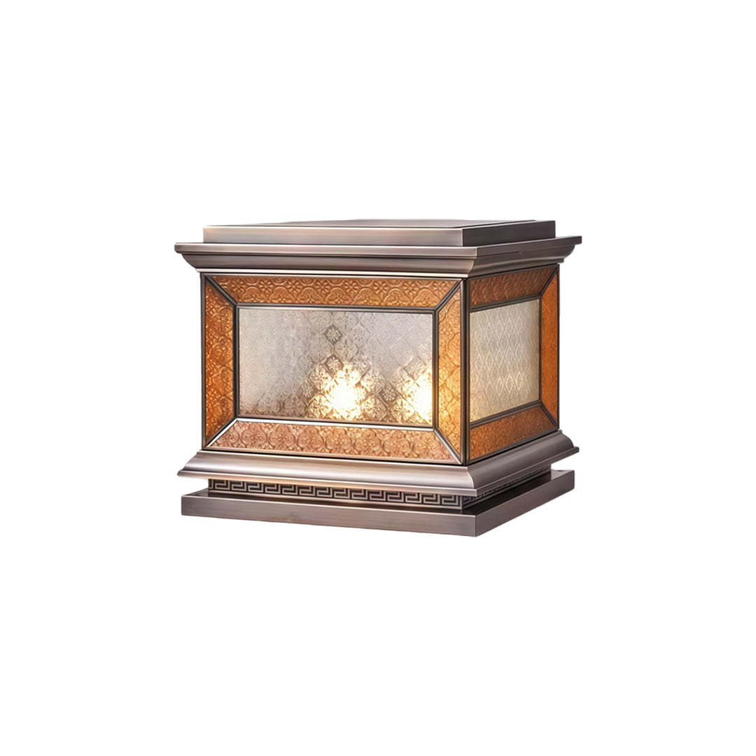 Decorative solar lights pillar with warm internal glow and textured frosted glass enclosure.