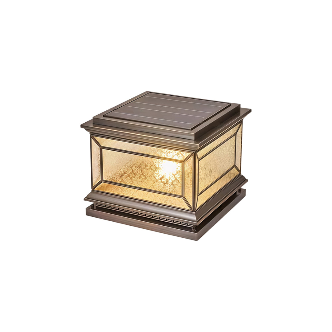 Modern solar lights pillar featuring textured illuminated glass and geometric bronze frame.