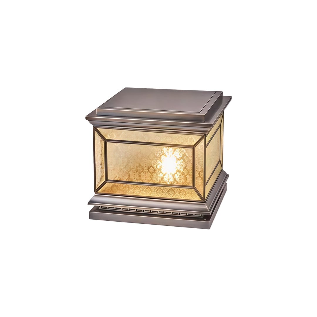 Modern solar lights pillar with geometric square frame and warm ambient LED lighting.