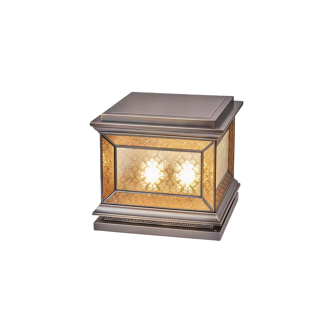 Elegant solar lights pillar with illuminated textured glass enclosure and decorative metal accents.
