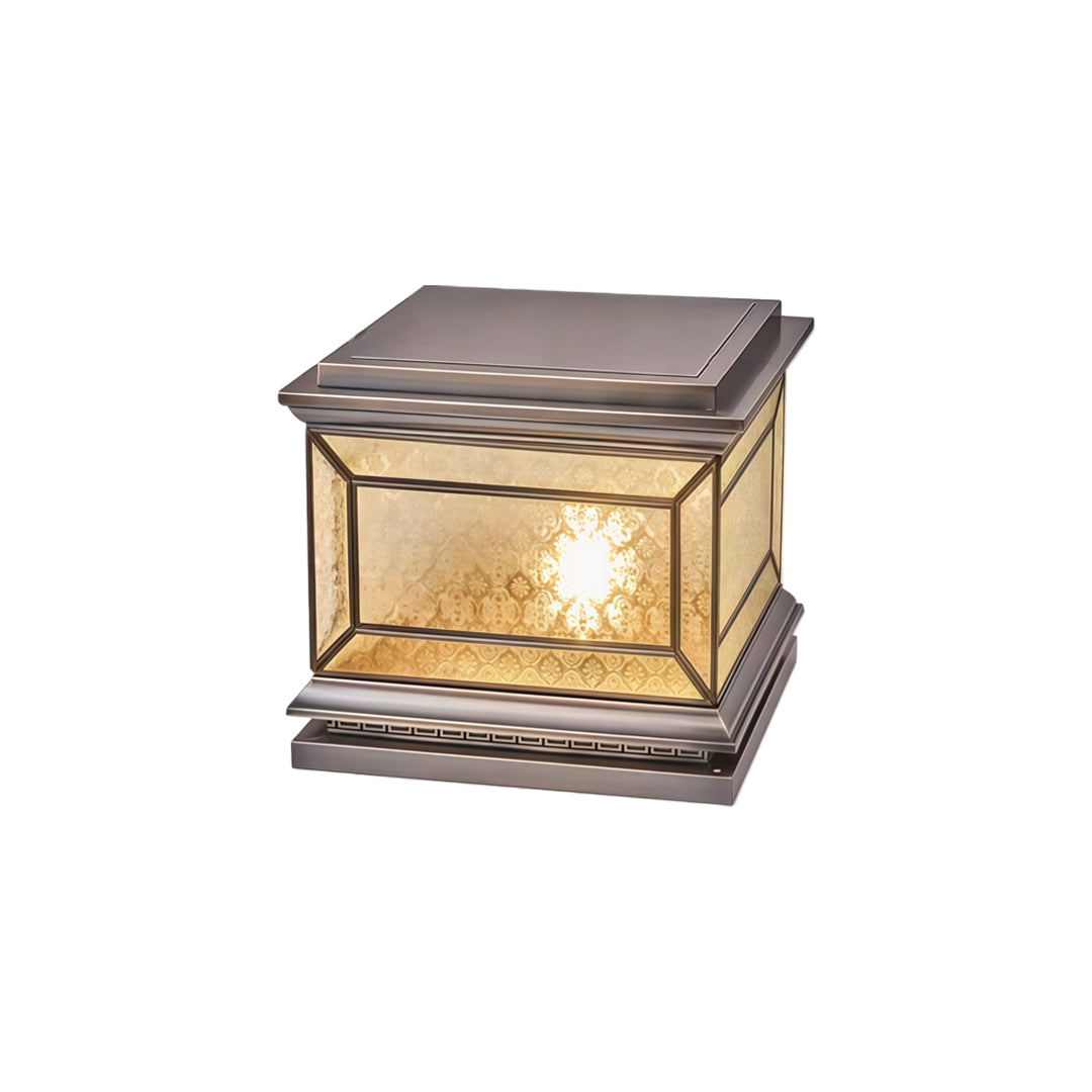 Luxury solar lights pillar isolated on white background with elegant bronze metallic finish.
