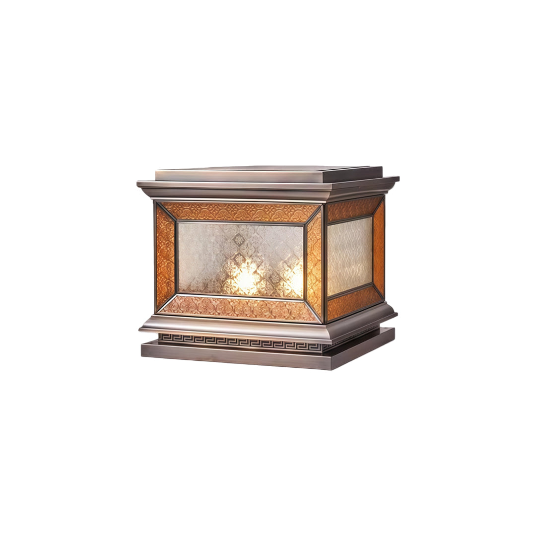 Luxury solar lights pillar featuring bronze metallic trim and illuminated textured glass sides.
