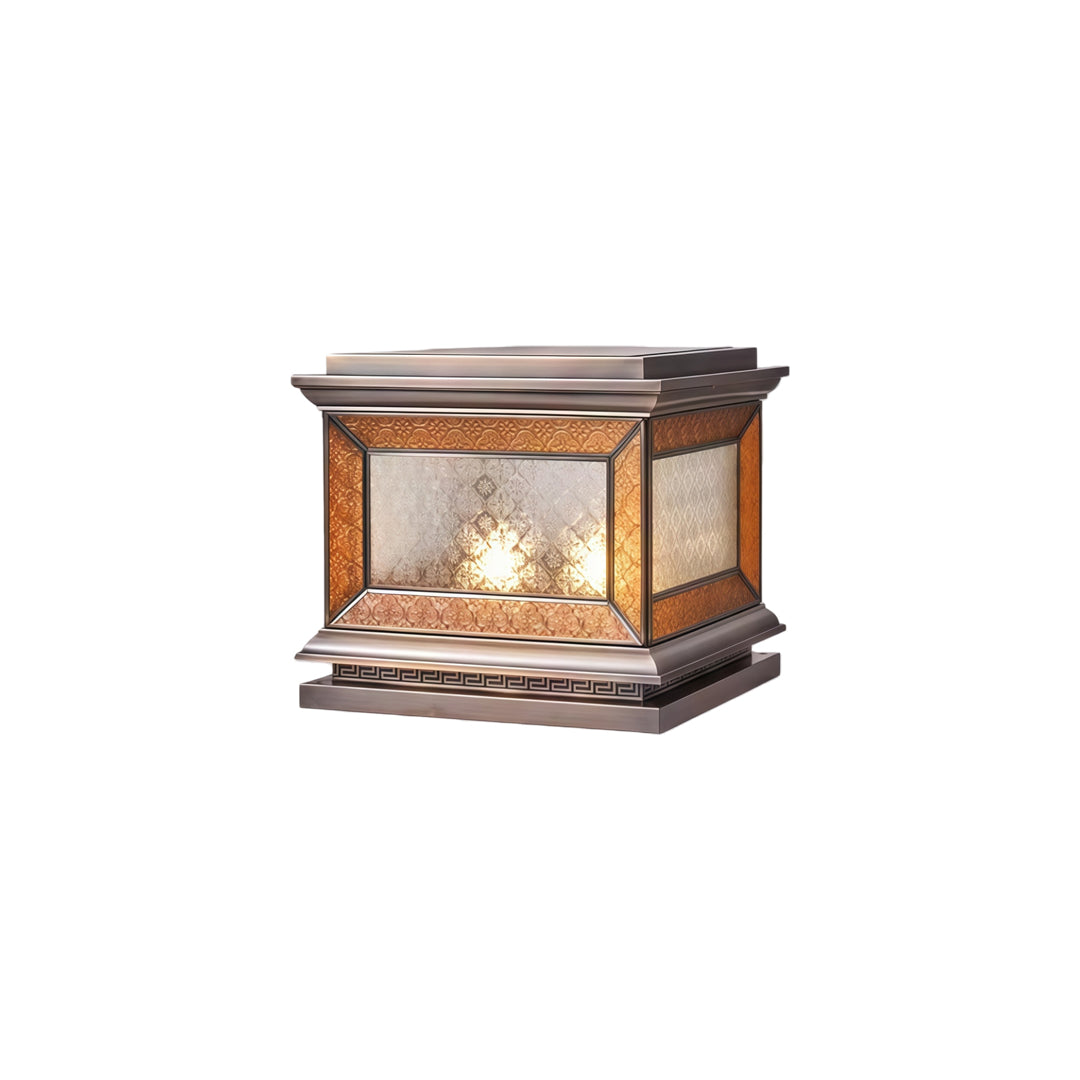 Modern solar lights pillar with rectangular lantern body and textured glass diffuser panels.