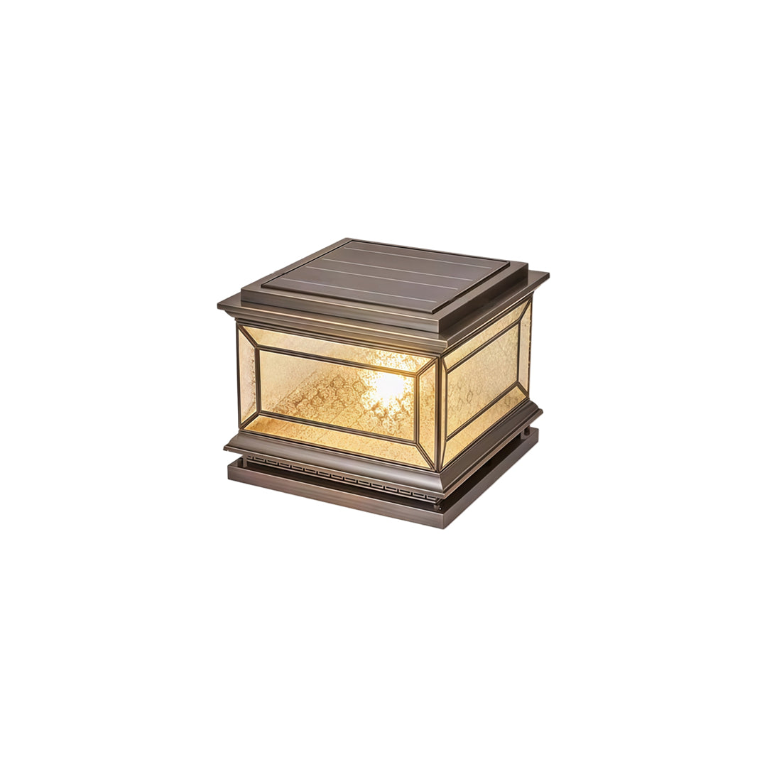 Elegant solar lights pillar with integrated solar charging top and textured glass diffuser.