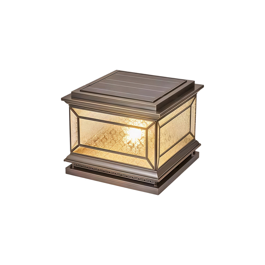 Luxury solar lights pillar with elegant square body and integrated solar panel top design.