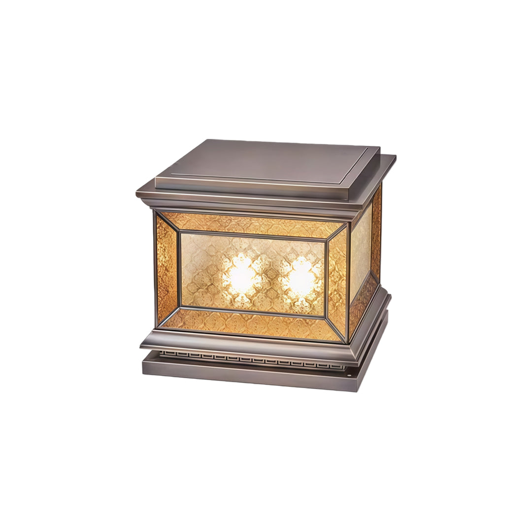 Luxury solar lights pillar featuring square lantern design and warm glowing internal light.