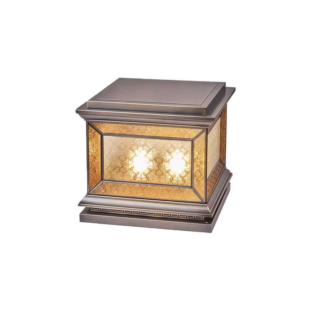 Decorative solar lights pillar with textured glass panels and premium bronze metallic frame.