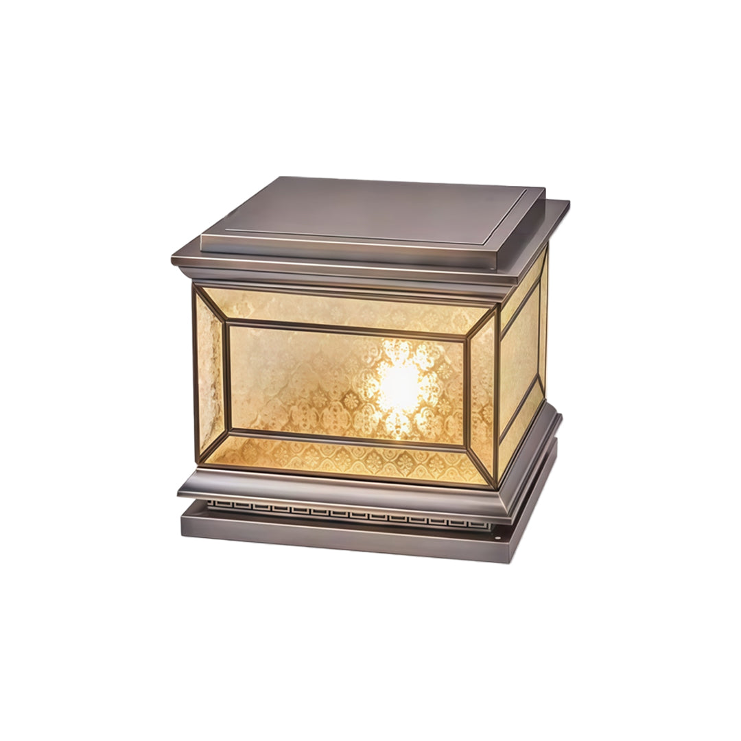 Contemporary solar lights pillar featuring warm glowing lantern body and bronze housing.