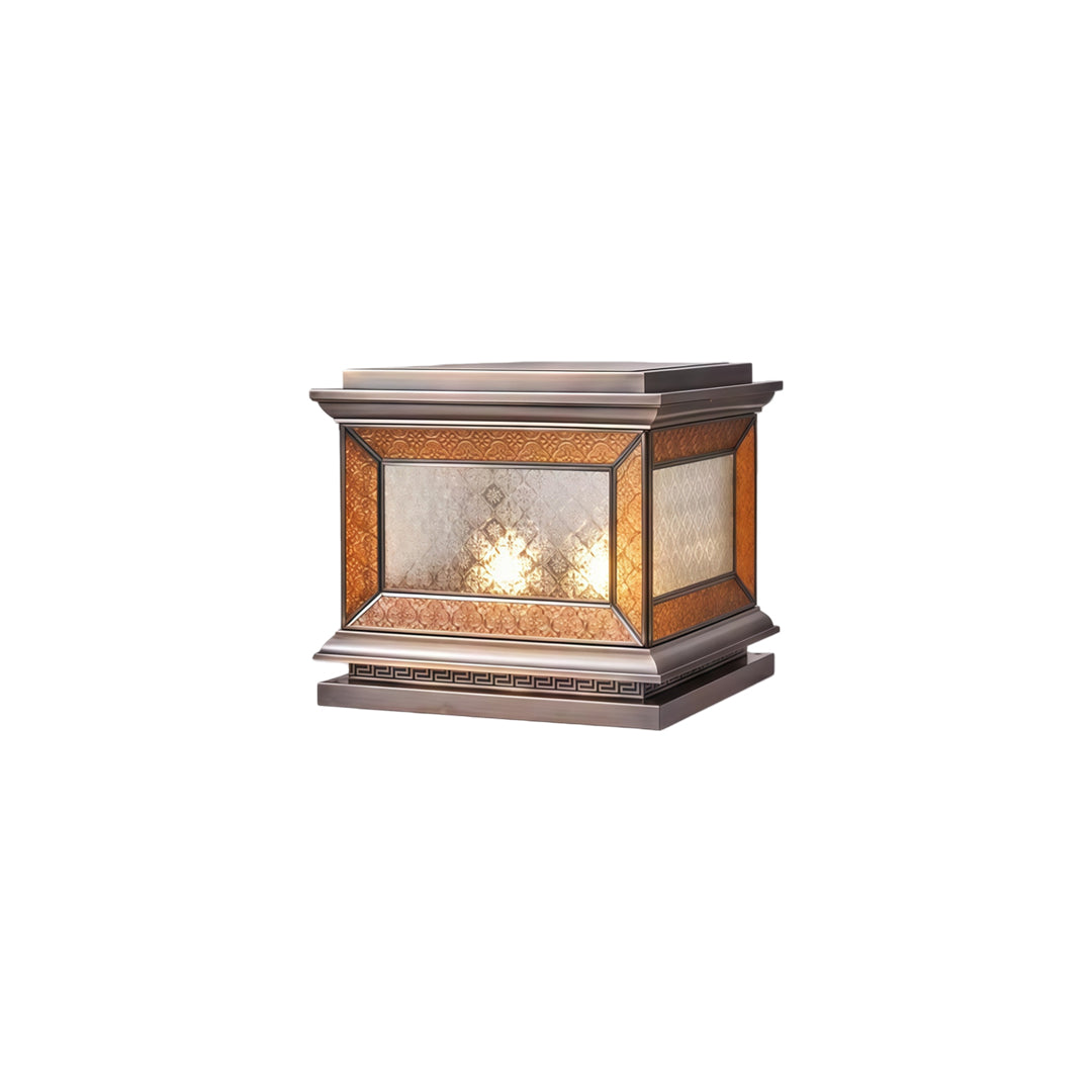 Compact solar lights pillar featuring warm LED glow and decorative bronze housing details.