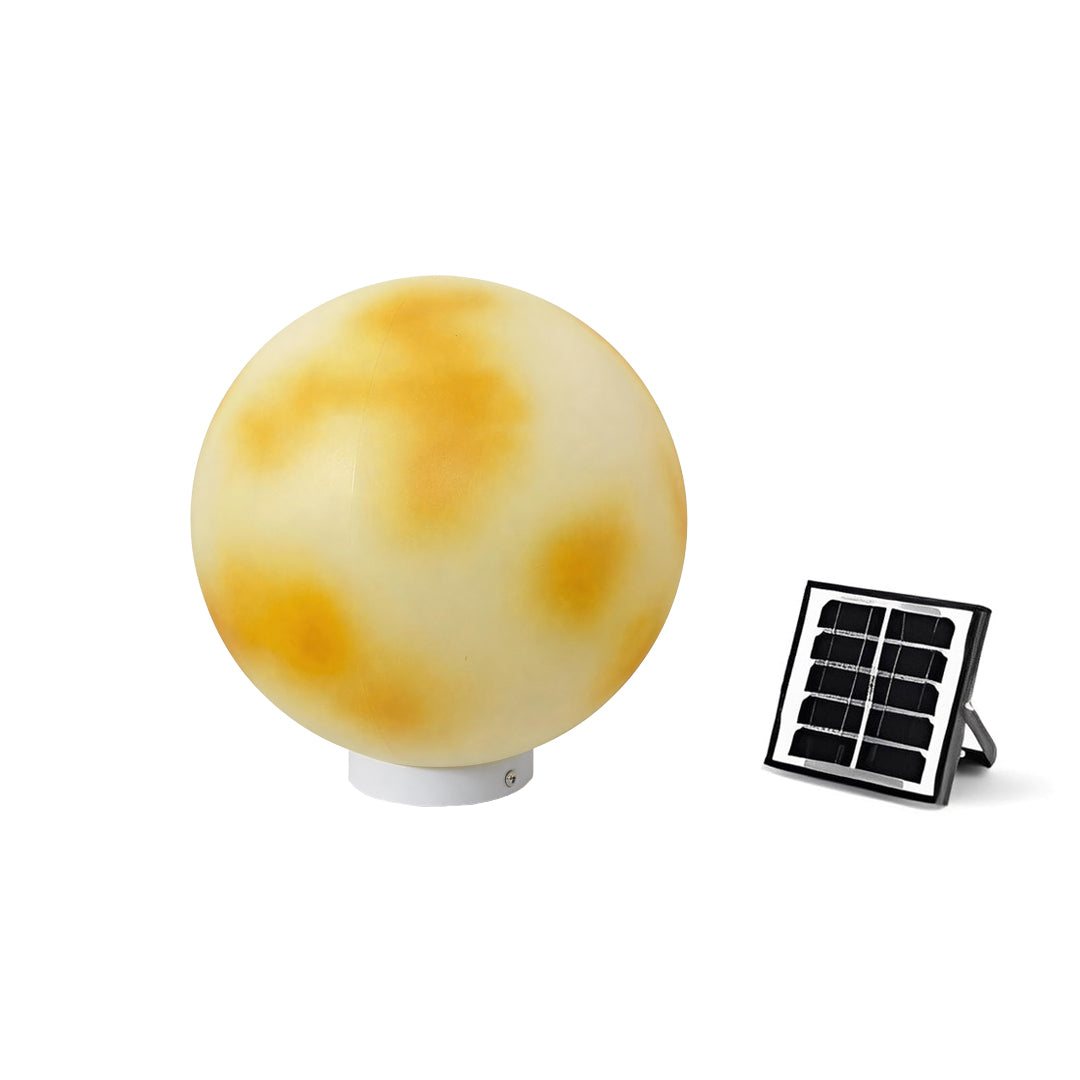 Solar moon-shaped stone pillar light with external charging panel isolated on white background.