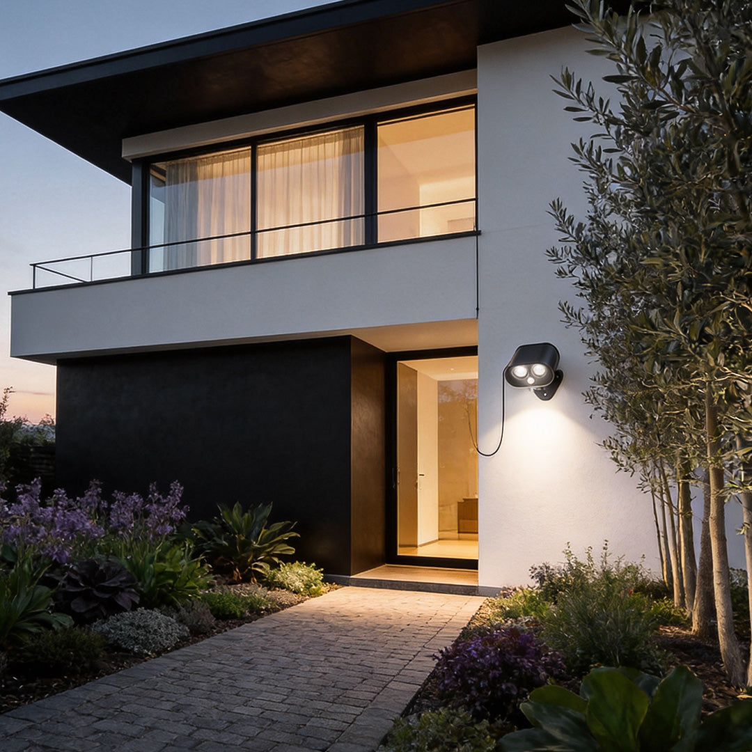 Contemporary home entrance enhanced with a bright solar motion sensor lamp for security lighting.