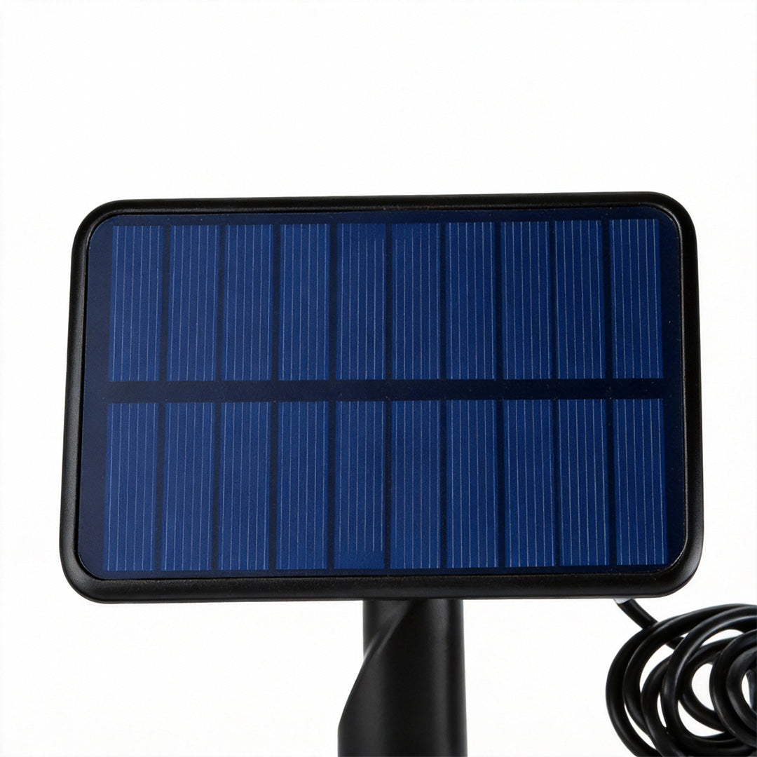 Complete product set of a solar motion sensor lamp with light head and external solar panel.