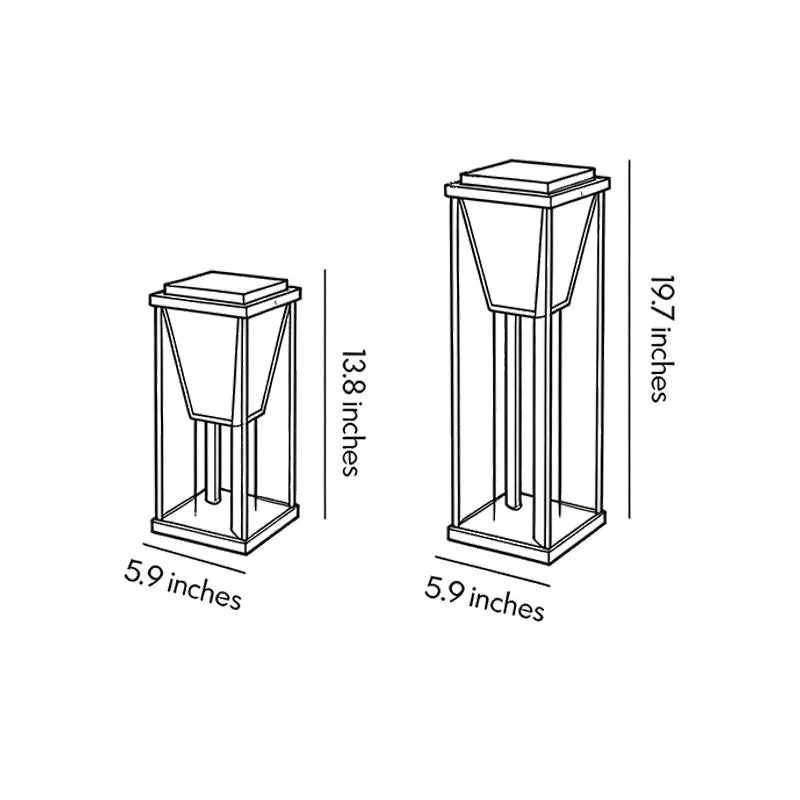 Solar outdoor pillar light dimension diagram showing 13.8-inch and 19.7-inch height options with 5.9-inch square bases