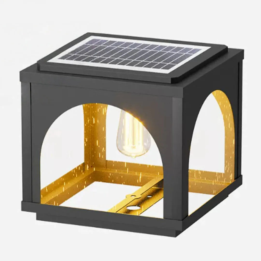 Close-up of solar outdoor pillar lights featuring the modern square frame and illuminated diffuser.