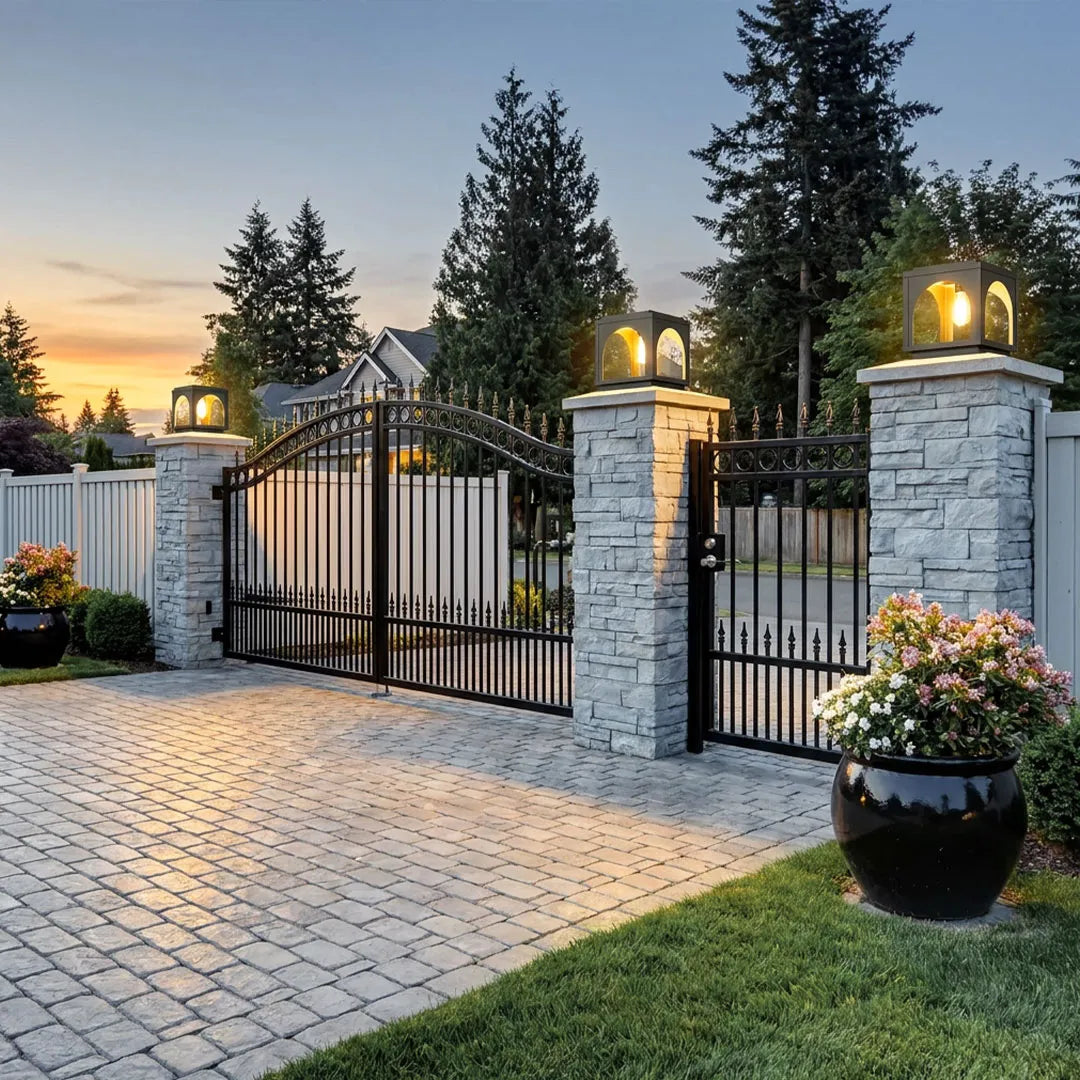 Solar outdoor pillar lights placed on stone entry pillars with a warm decorative glow.