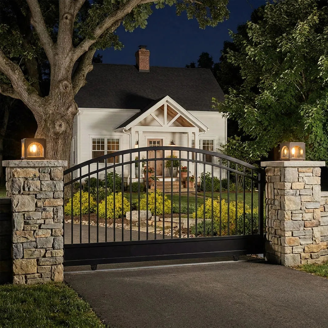 Solar outdoor pillar lights mounted on stone pillars along a residential garden pathway.