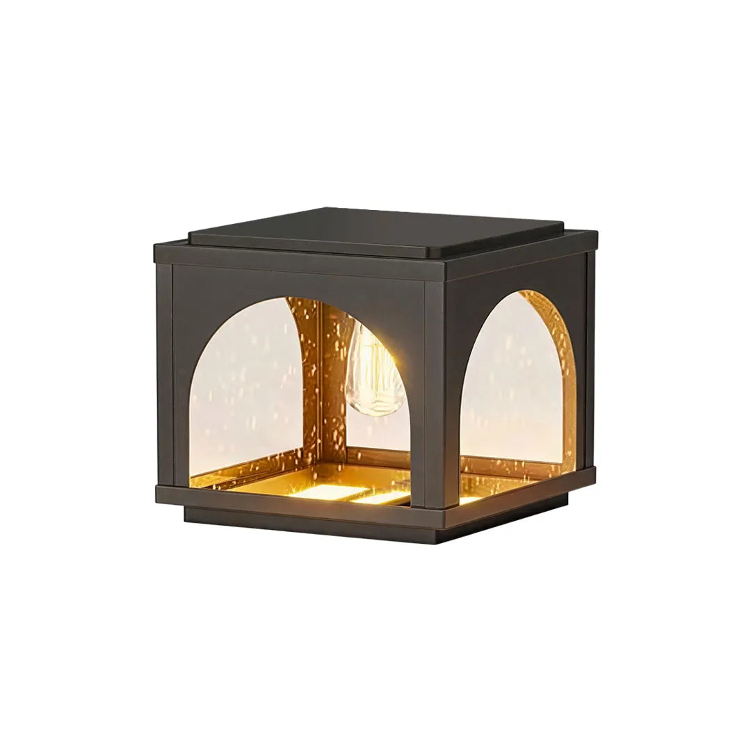 Solar outdoor pillar lights featuring a modern black frame and faux marble diffuser on a white background.