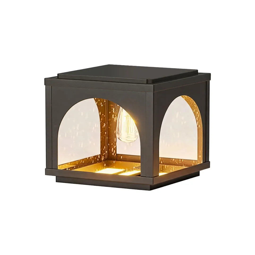 Solar outdoor pillar lights featuring a minimalist black frame with soft ambient illumination.