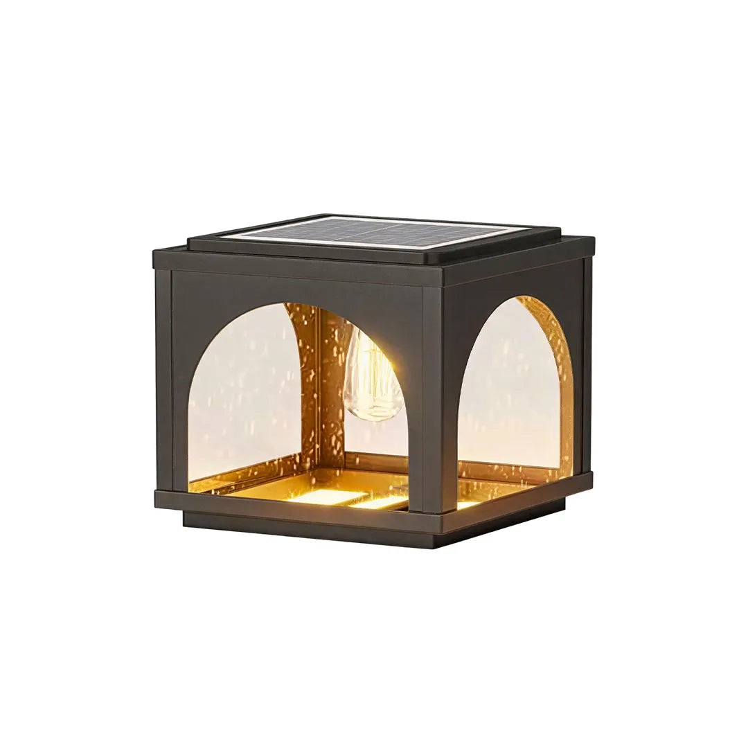 Solar outdoor pillar lights with an integrated solar panel and faux marble light panels.