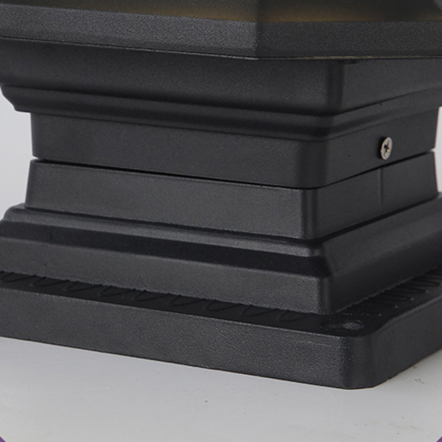 Black solar panel base component for outdoor lighting fixture with mounting hardware