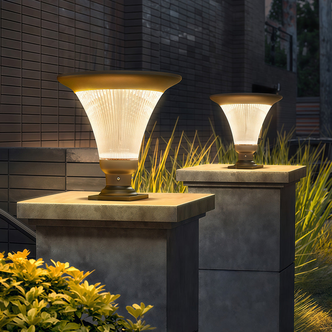 Top view of solar-powered garden light with solar panel and bright LED lights.