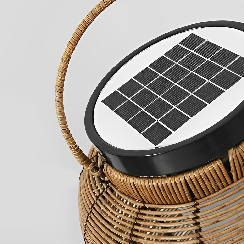 Outdoor rattan lanterns with solar panel on top for eco-friendly lighting.