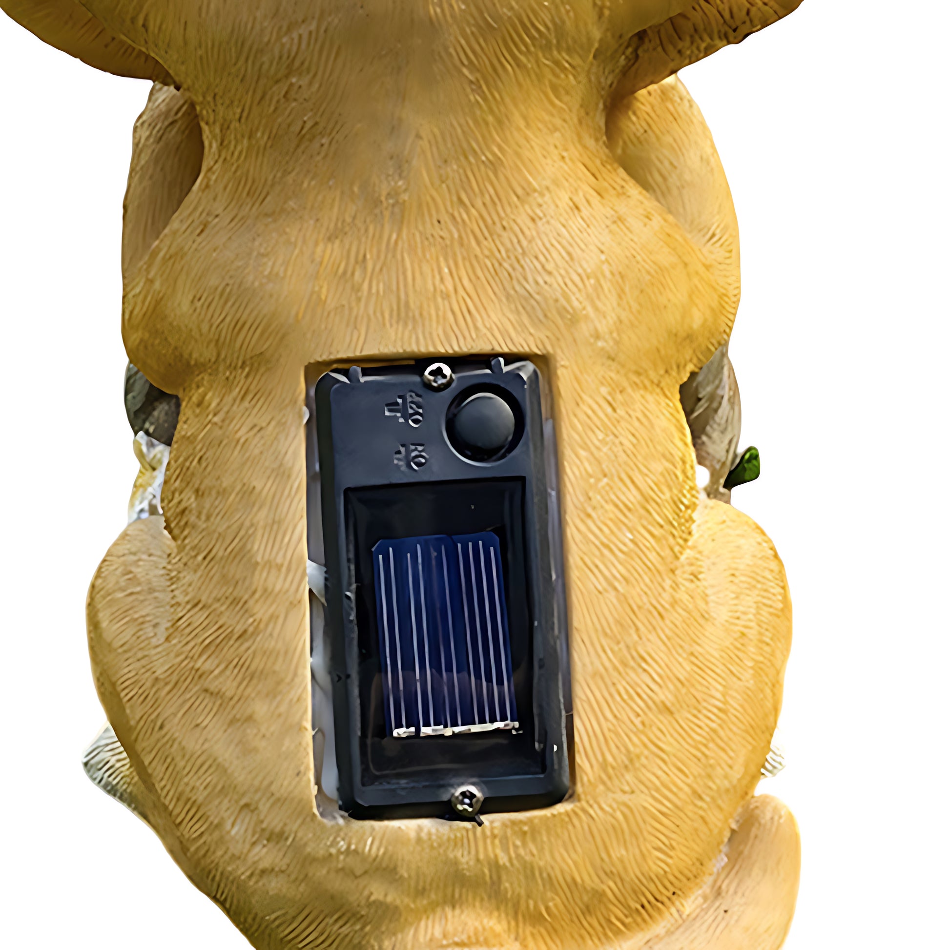 Close-up view of solar panel integrated into back of puppy garden light fixture