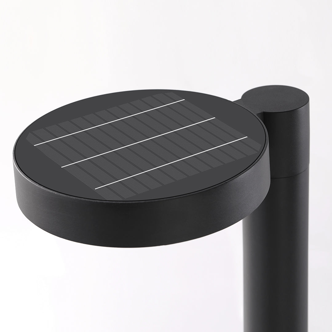 Solar path light in a contemporary style, lighting the way along a serene garden path.