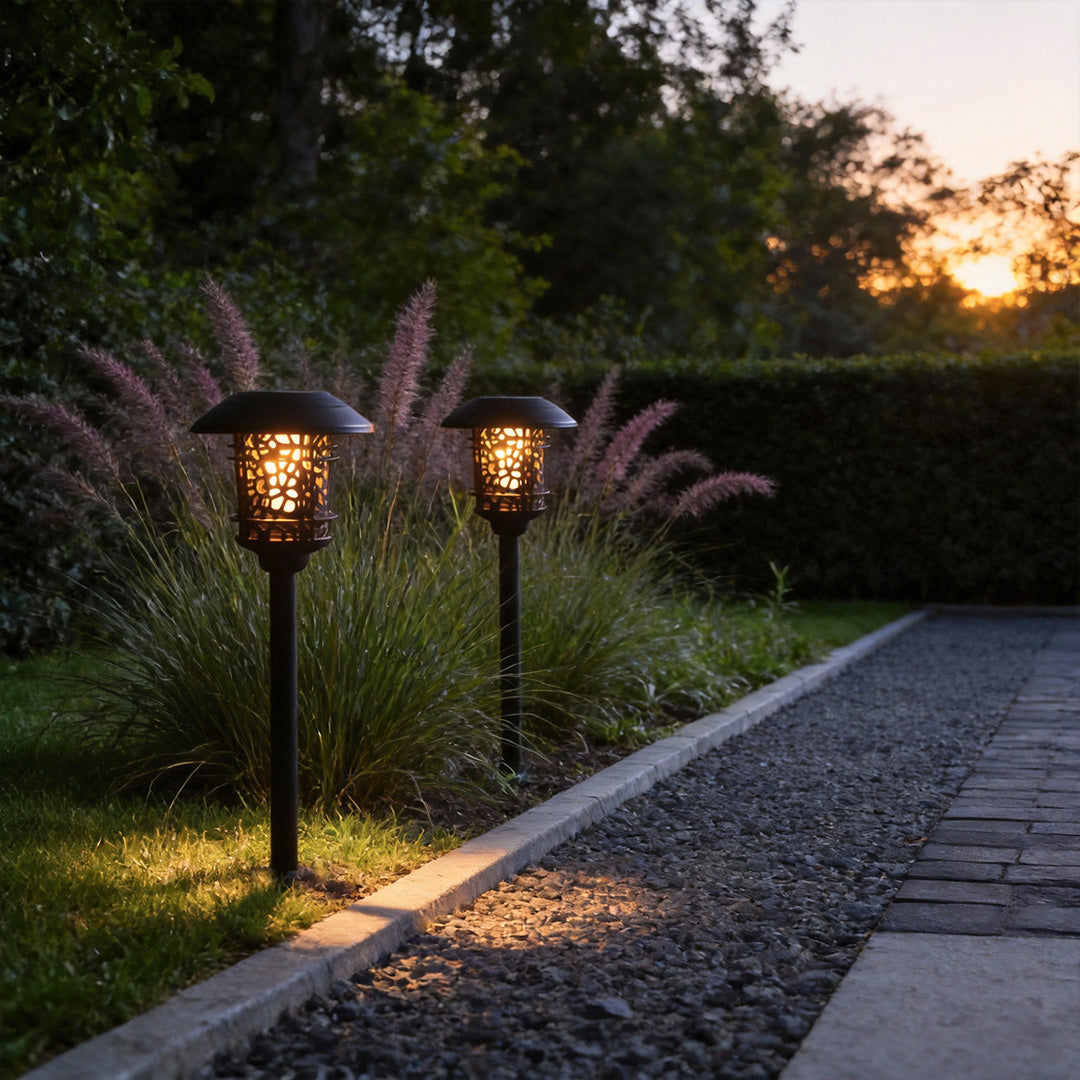 Solar path lighting LED installed along walkway creating guiding landscape lighting.