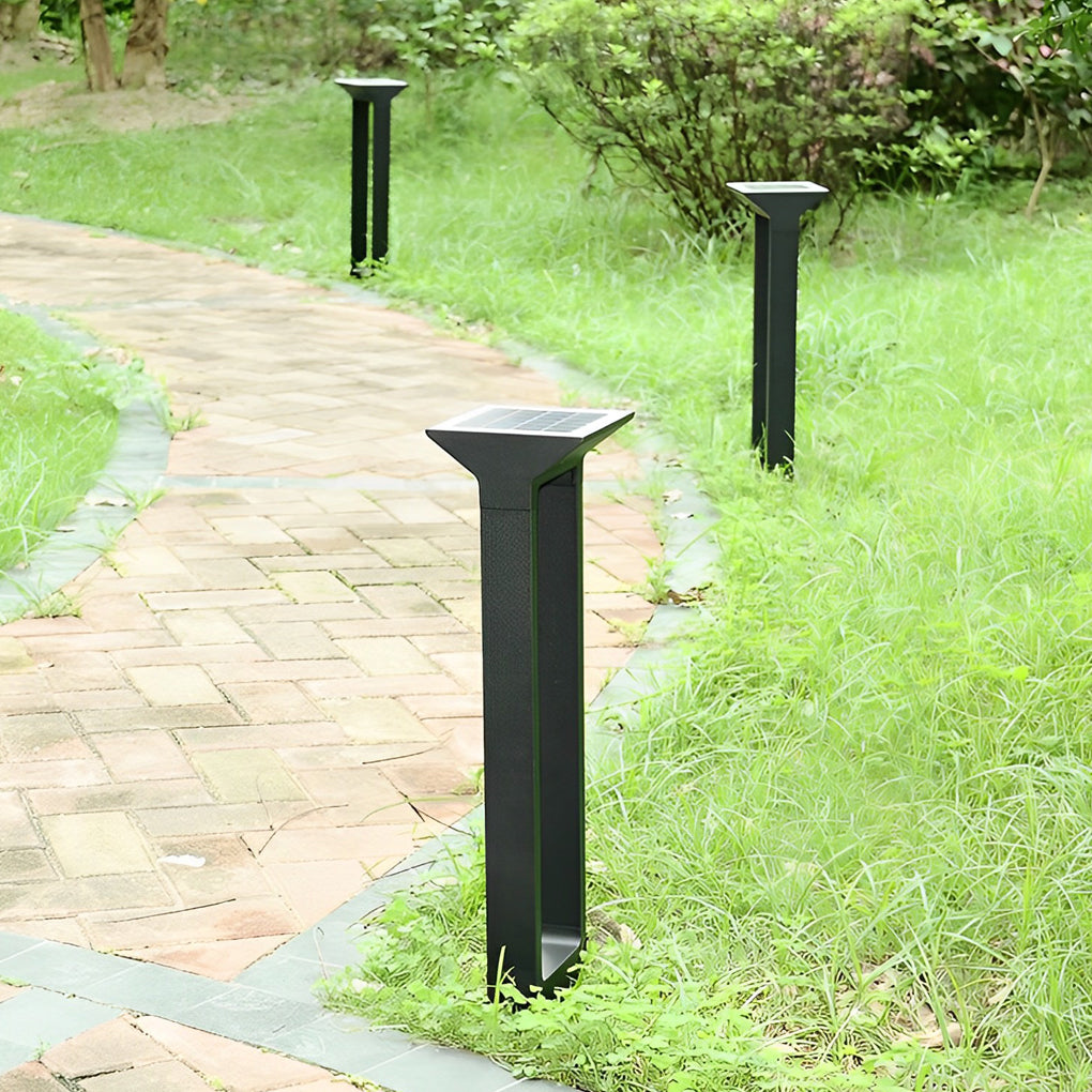 Modern black solar pathway outdoor lamp product view with rectangular frame.