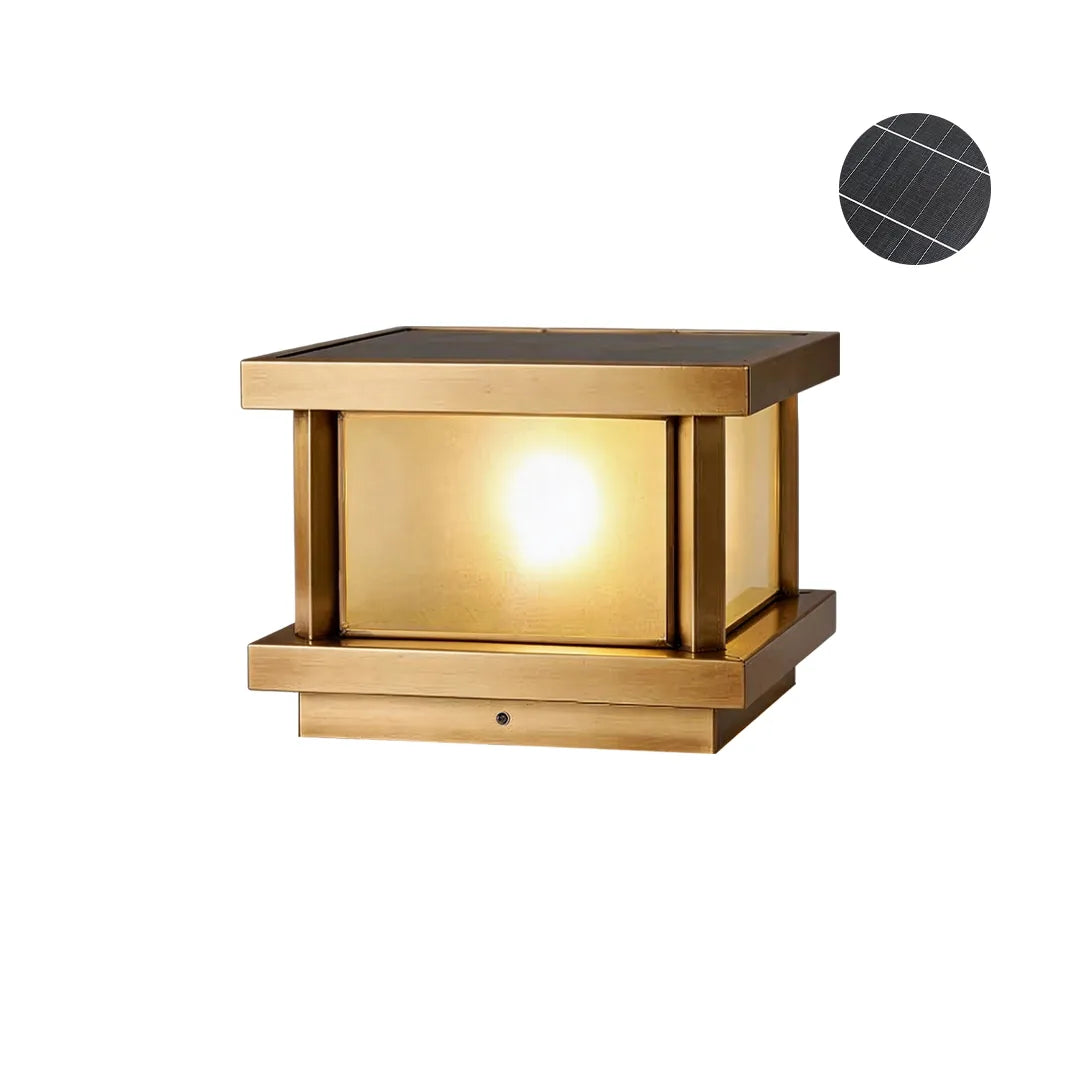 Solar pillar light with antique brass frame frosted glass and solar panel