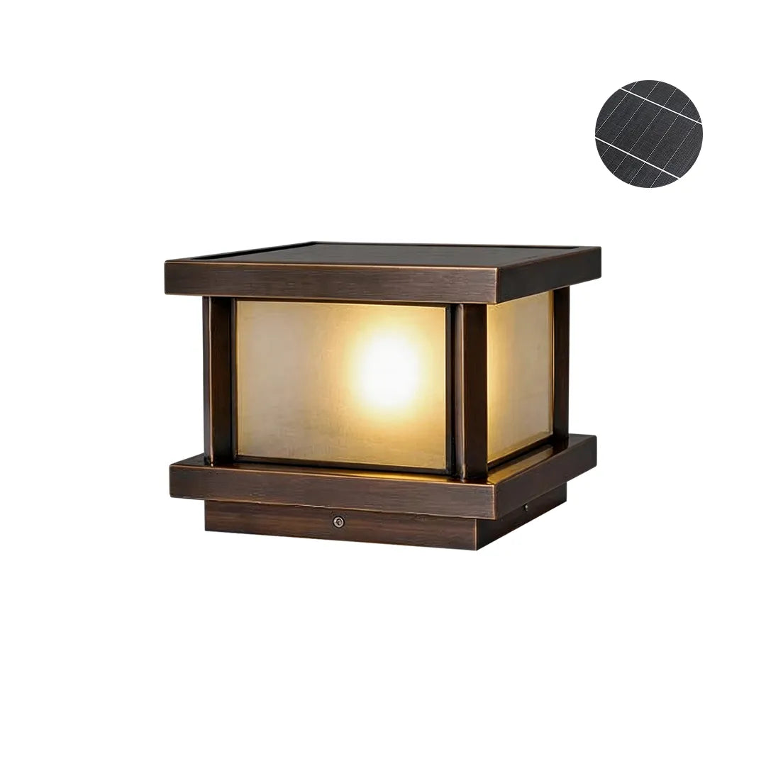 Solar pillar light with bronze frame frosted glass and integrated solar panel