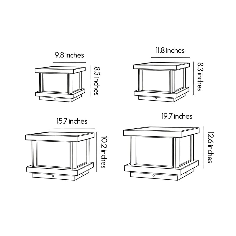 Solar pillar light size guide showing four available height and width options