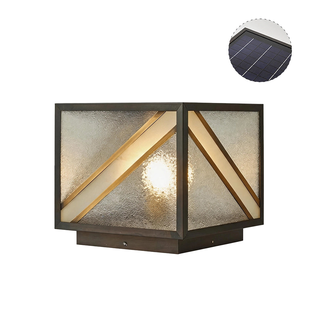 Solar pillar light with integrated solar panel textured glass and black frame