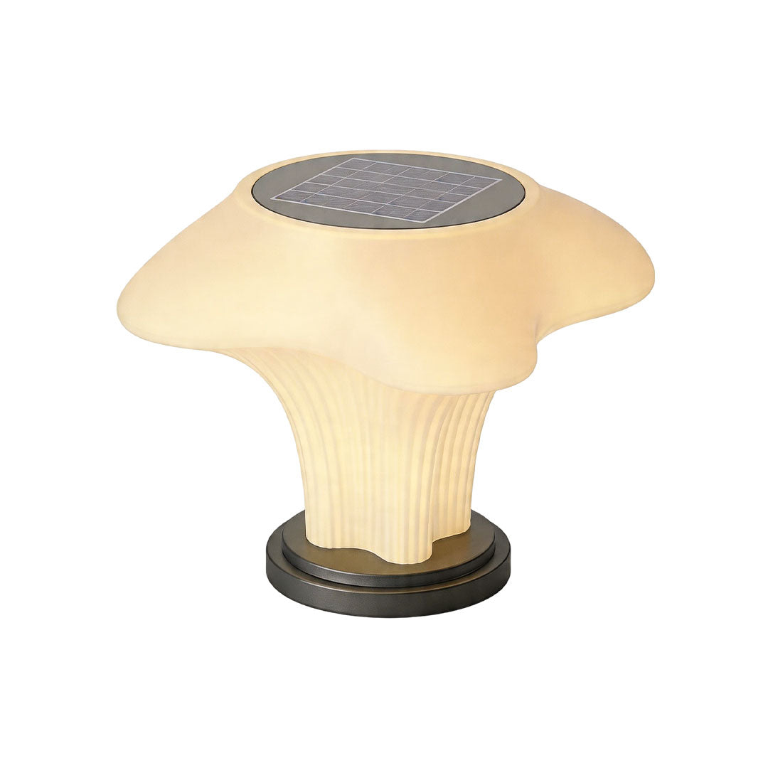 Solar pillar light large solar-powered outdoor fixture with mushroom-inspired decorative silhouette.